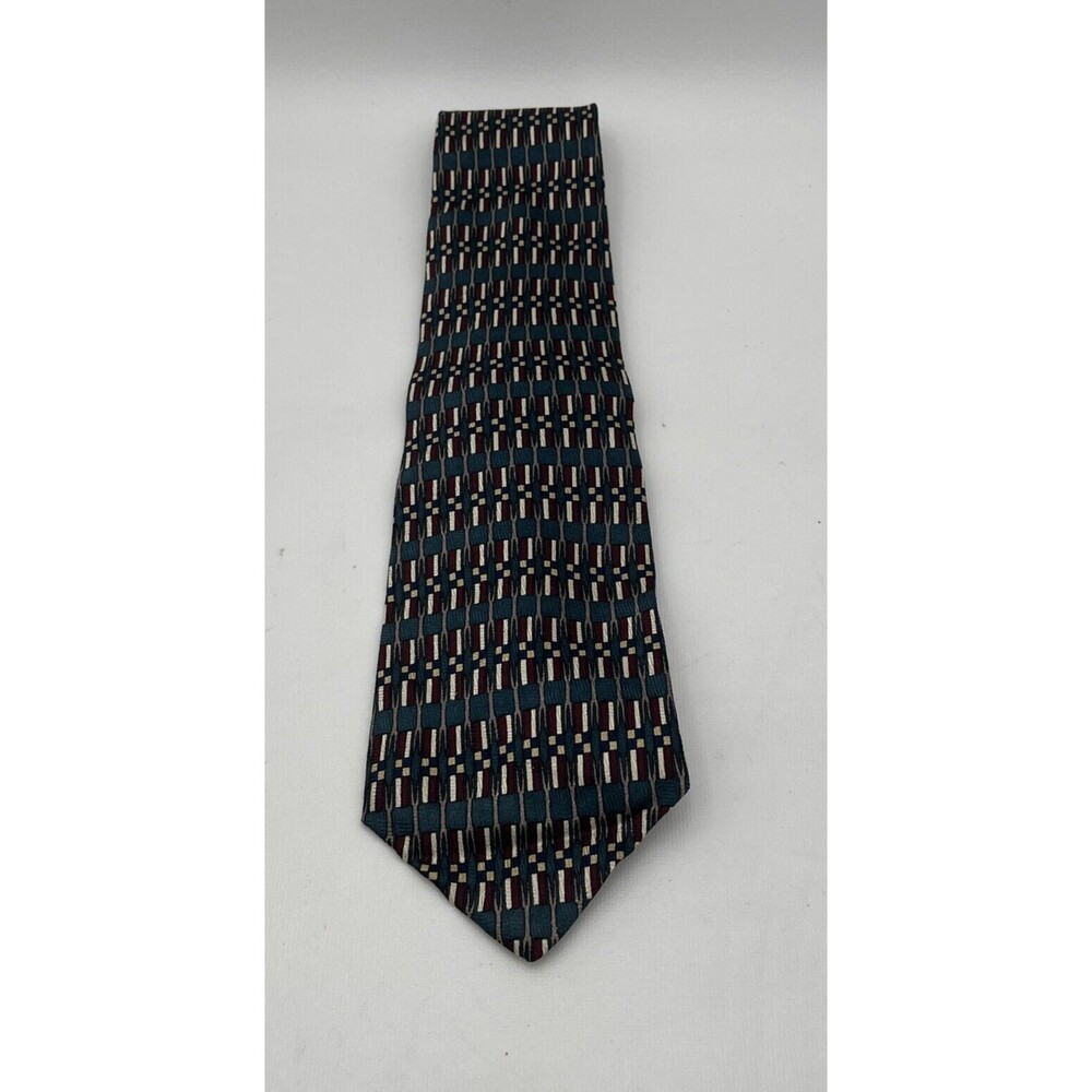 XMI 325 SERIES Men's 100% Silk Necktie USA Designer Geometric Burgundy Teal EUC